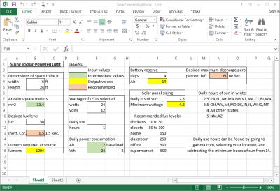 Excel spreadsheet used in design of the system